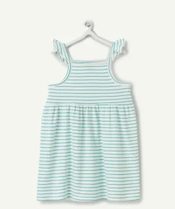 Robe à bretelles bébé fille en coton bio rayé vert et blanc