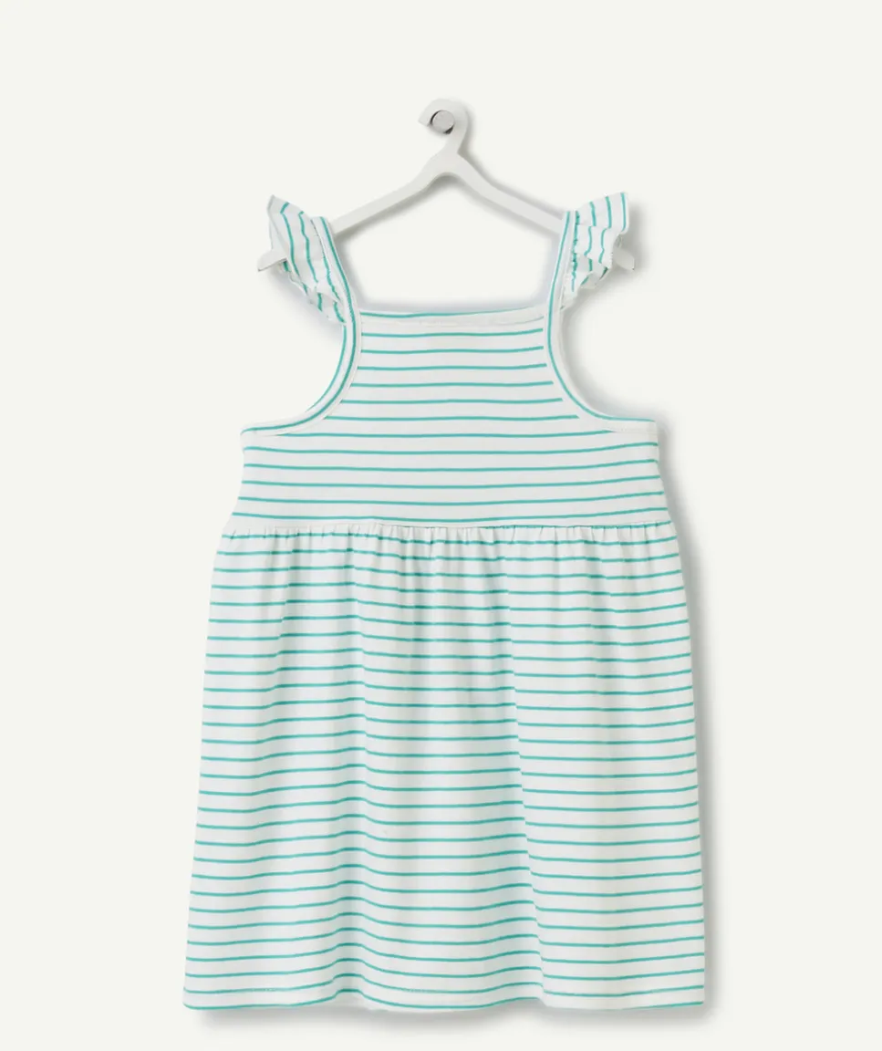 Robe à bretelles bébé fille en coton bio rayé vert et blanc