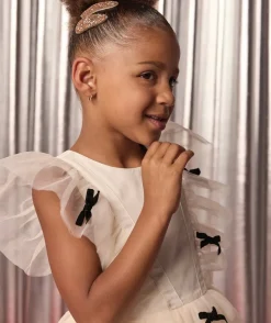 Robe créateur 2025 en tulle blanc avec nœuds pour fille