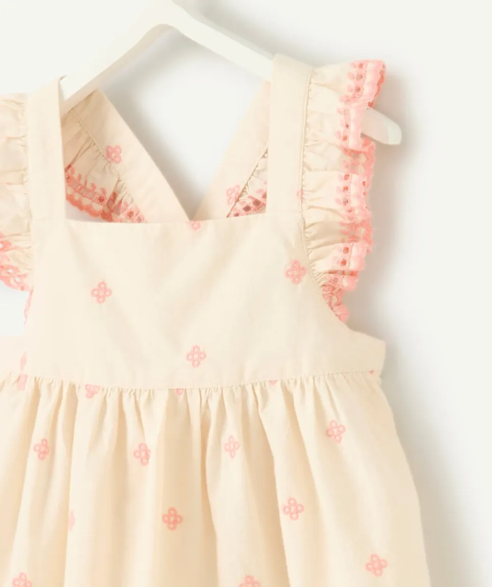 Robe écru fille avec broderies roses