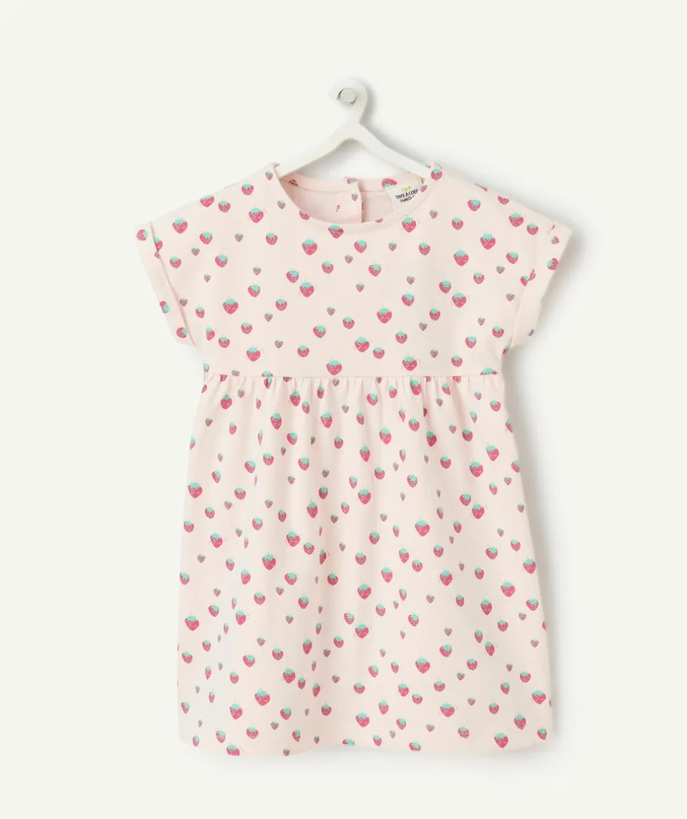 Robe en maille bébé fille en coton bio rose imprimé fraises