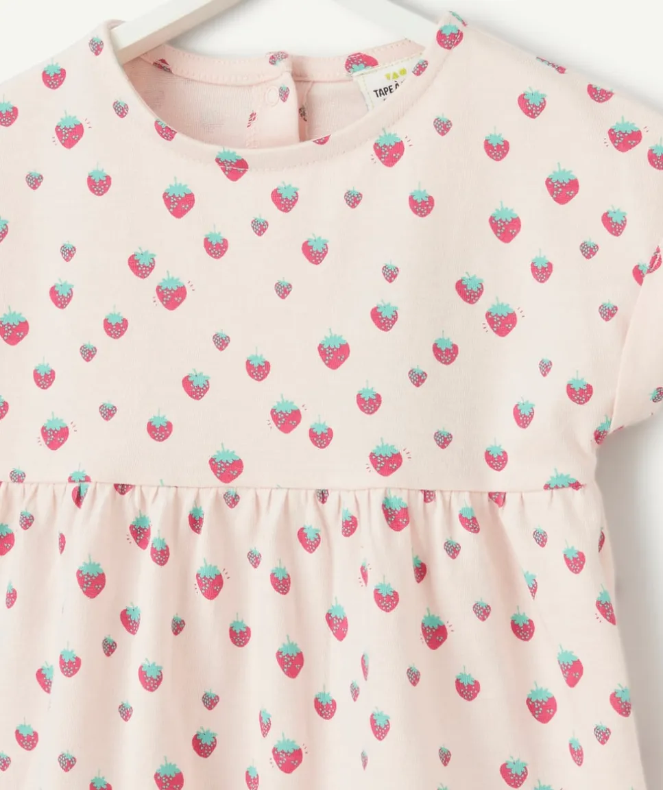 Robe en maille bébé fille en coton bio rose imprimé fraises