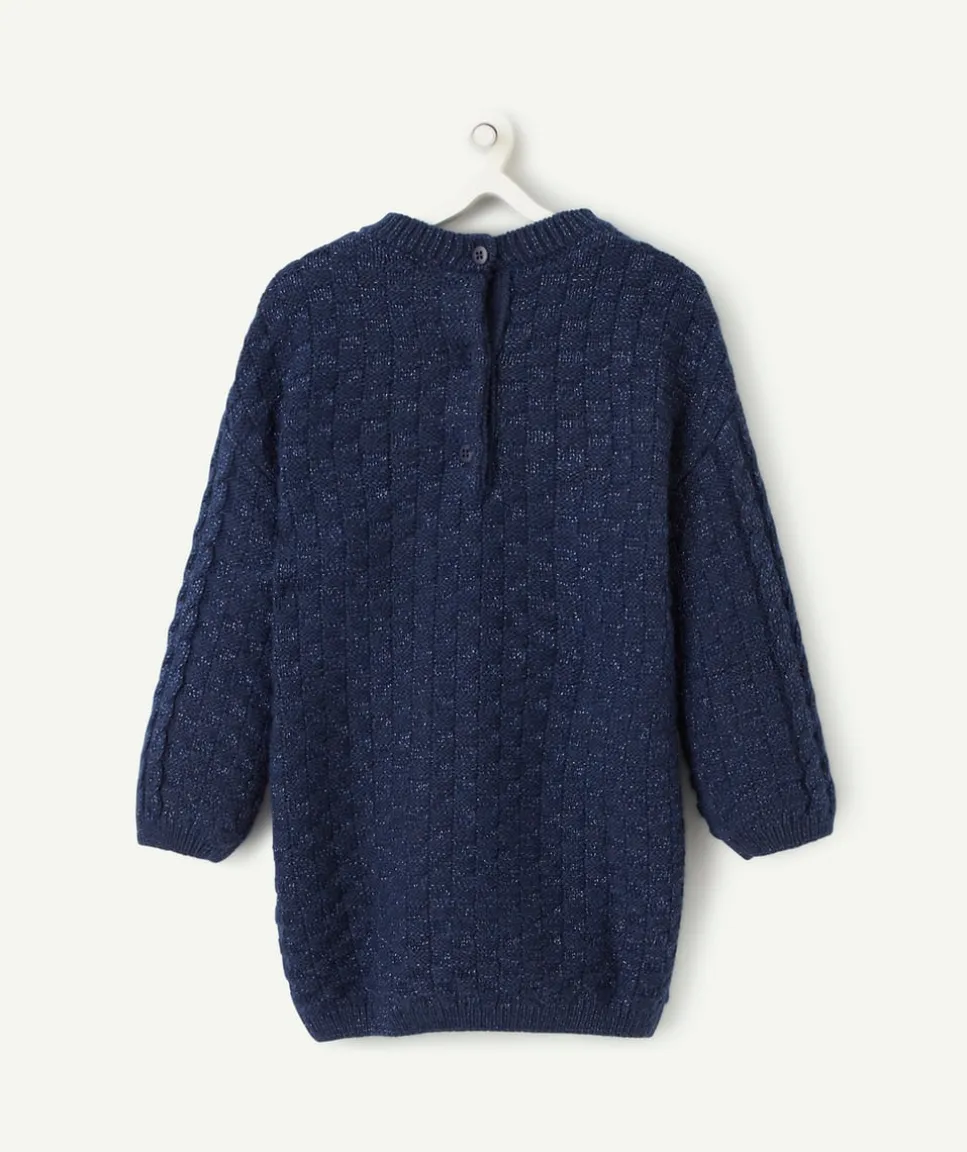 Robe en maille fille avec jeux de torsades bleu marine