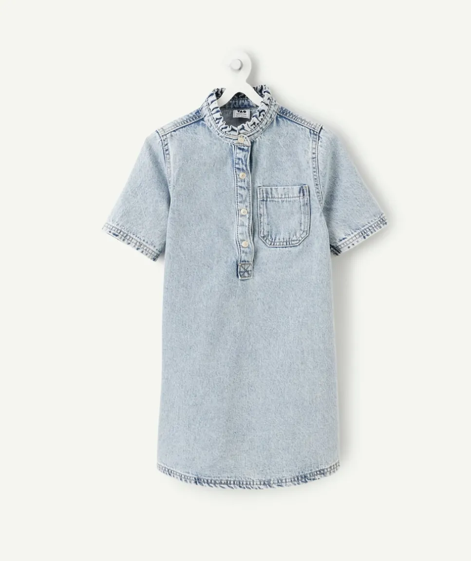 Robe fille denim bleu col mao
