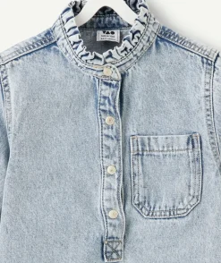 Robe fille denim bleu col mao