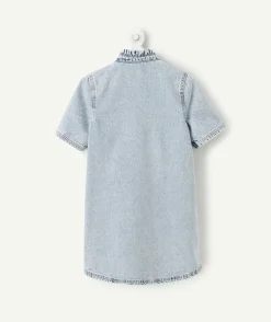 Robe fille denim bleu col mao