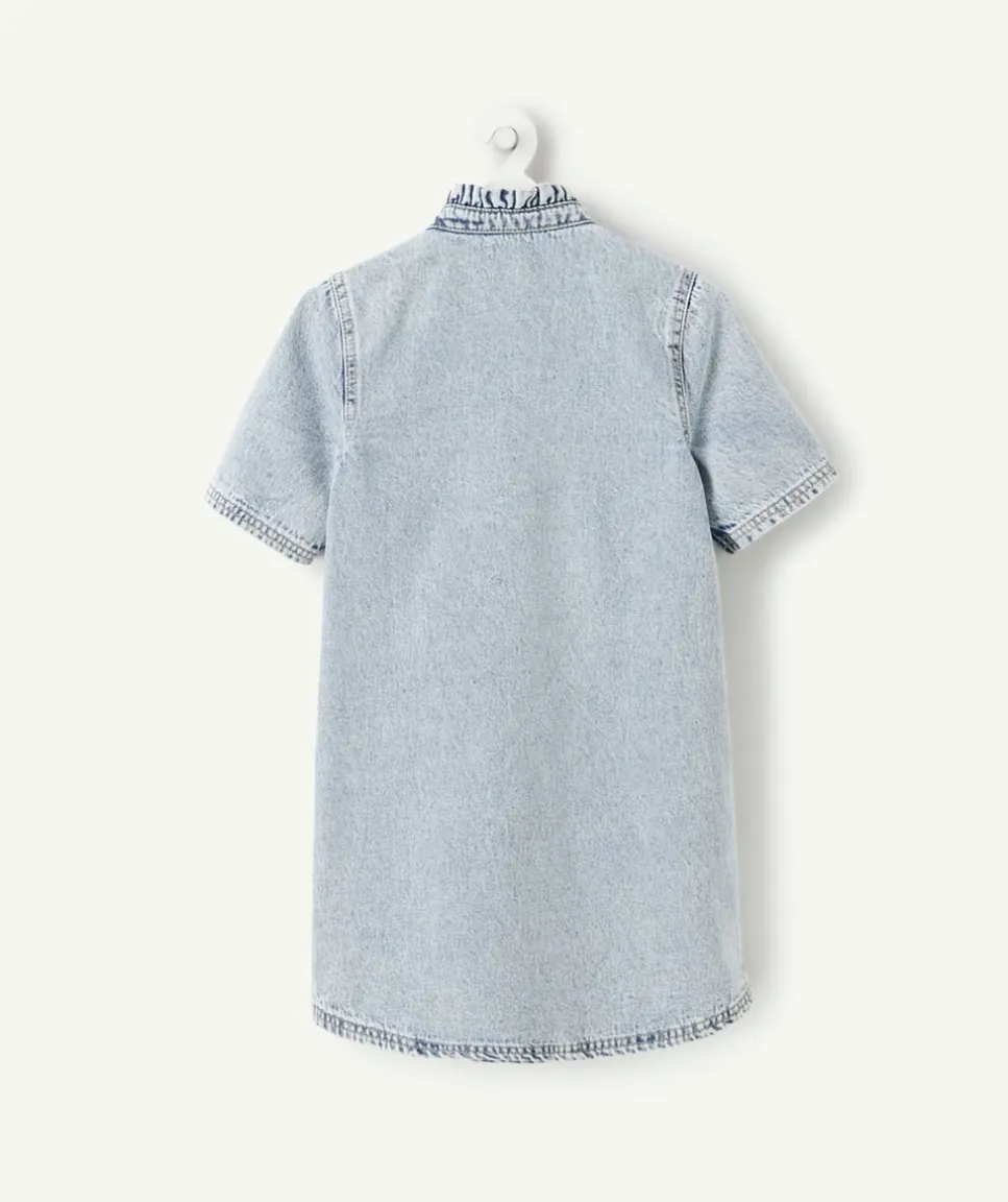 Robe fille denim bleu col mao