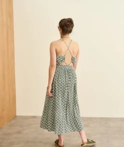 Robe fille droite verte imprimée