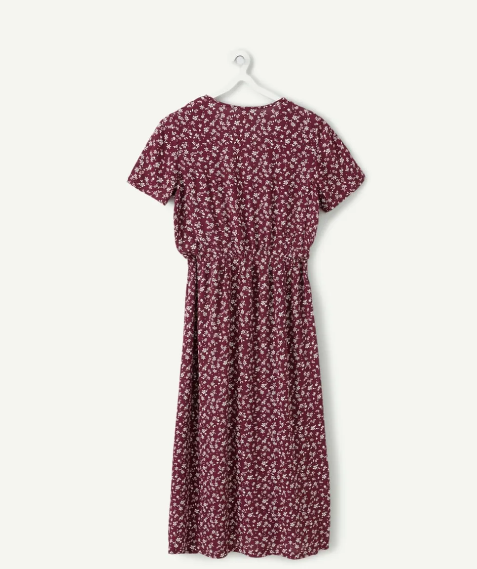 Robe fille midi fleurie bordeaux