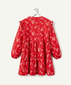 Robe fille rouge imprimée cachemire blanc avec volants
