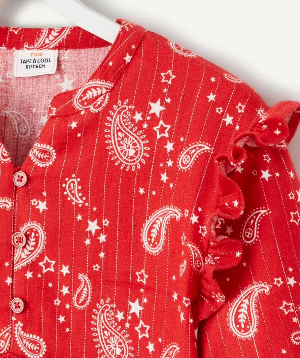 Robe fille rouge imprimée cachemire blanc avec volants