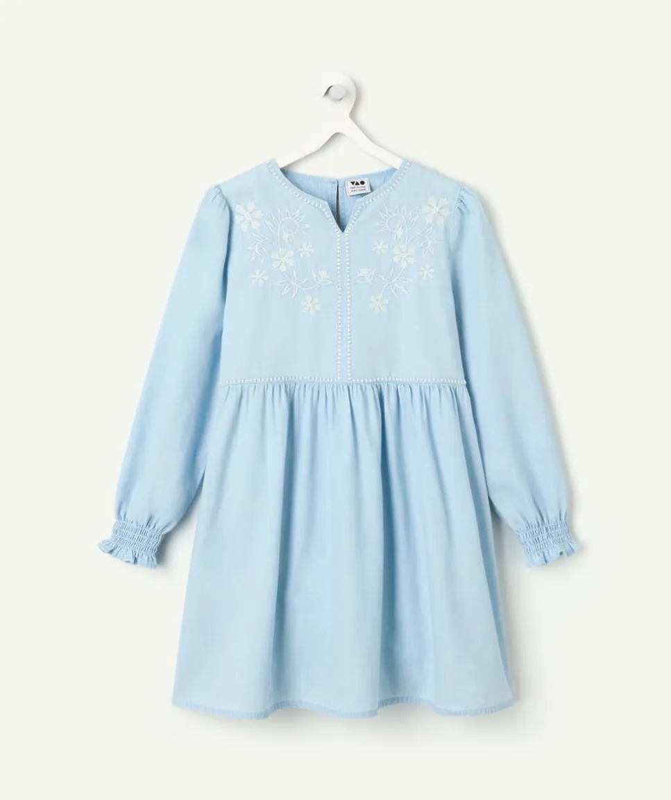 Robe manches longues fille bleu broderie