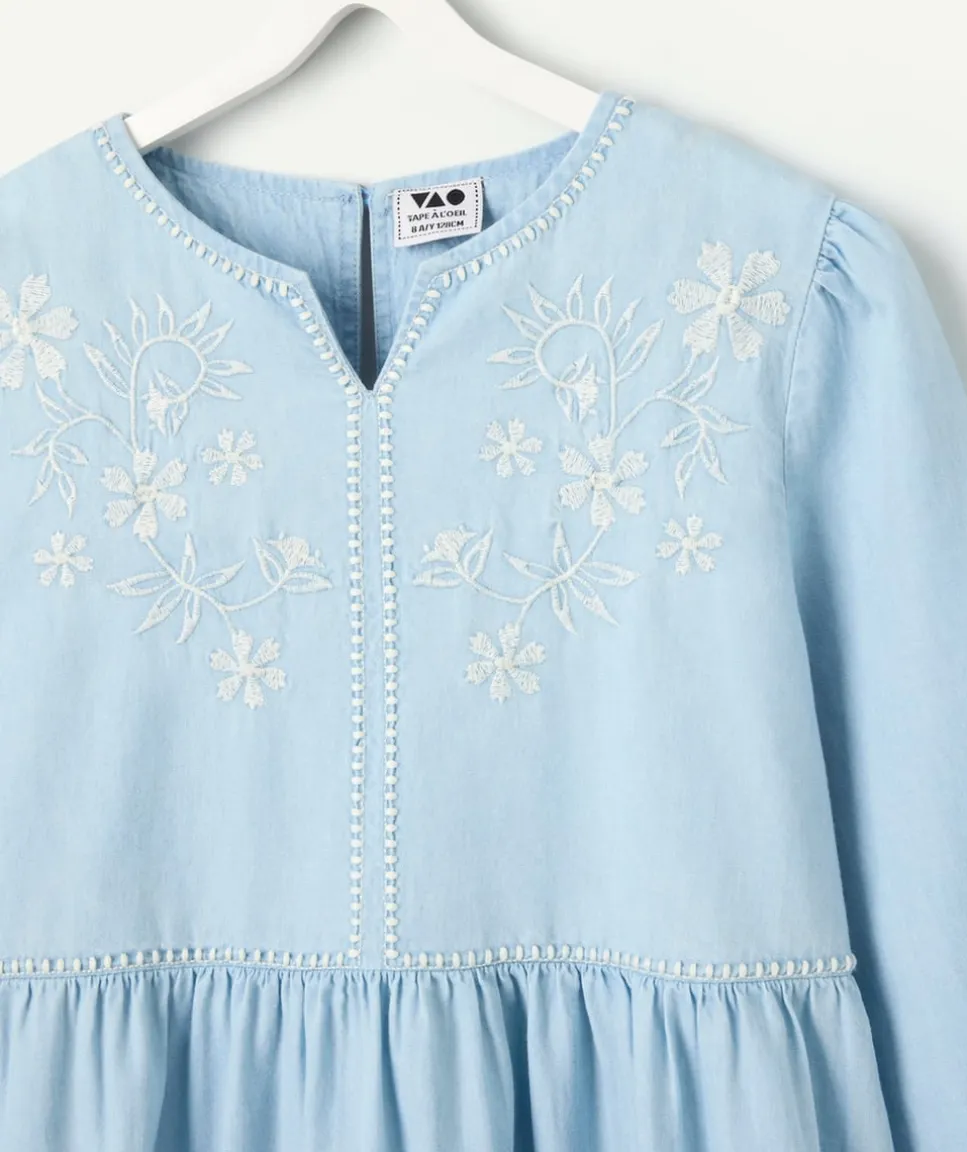 Robe manches longues fille bleu broderie