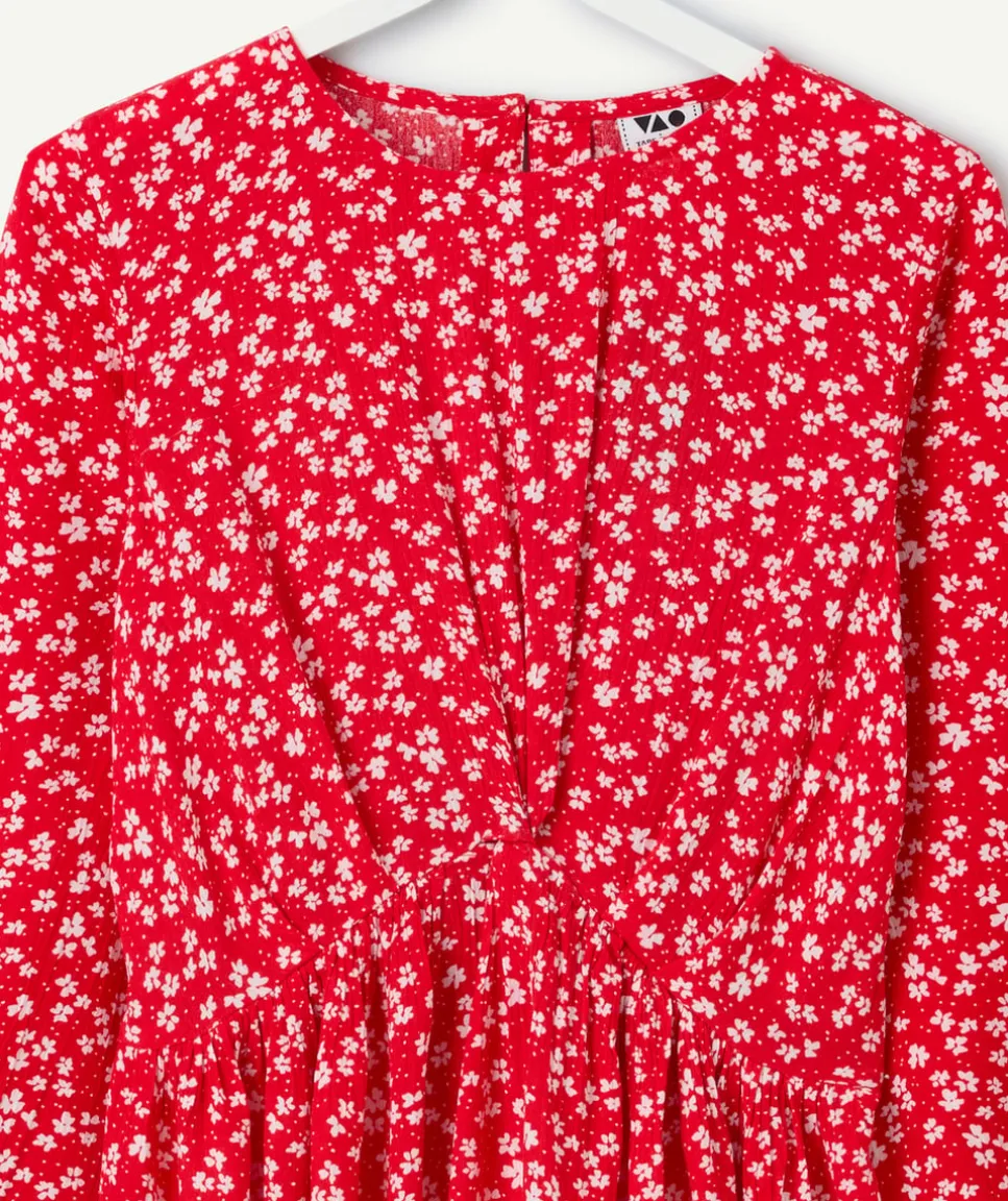 Robe manches longues fille imprimé floral rouge