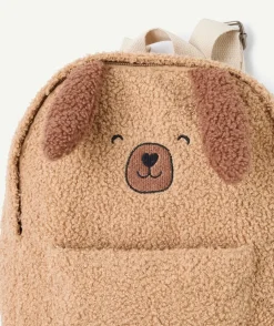 Sac à dos garçon en bouclette beige motif chien