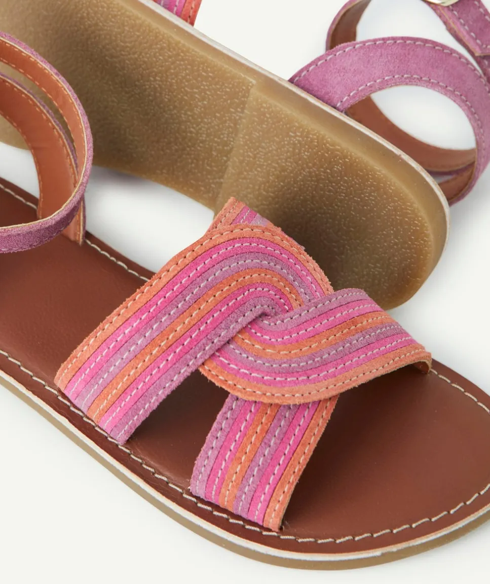 Sandales en partie en cuir fille avec torsades rose mauve et orange
