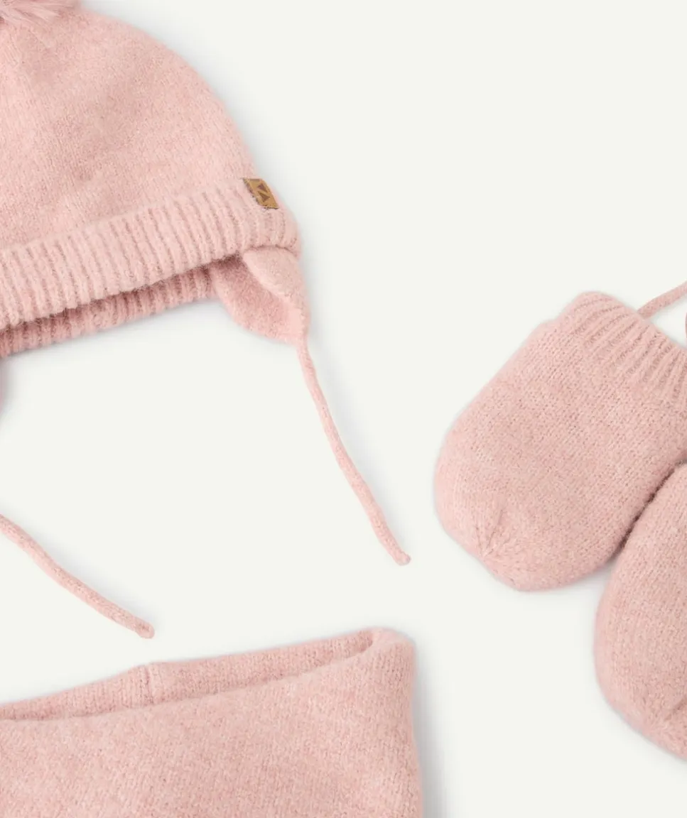 Set bonnet, snood, gants bébé rose