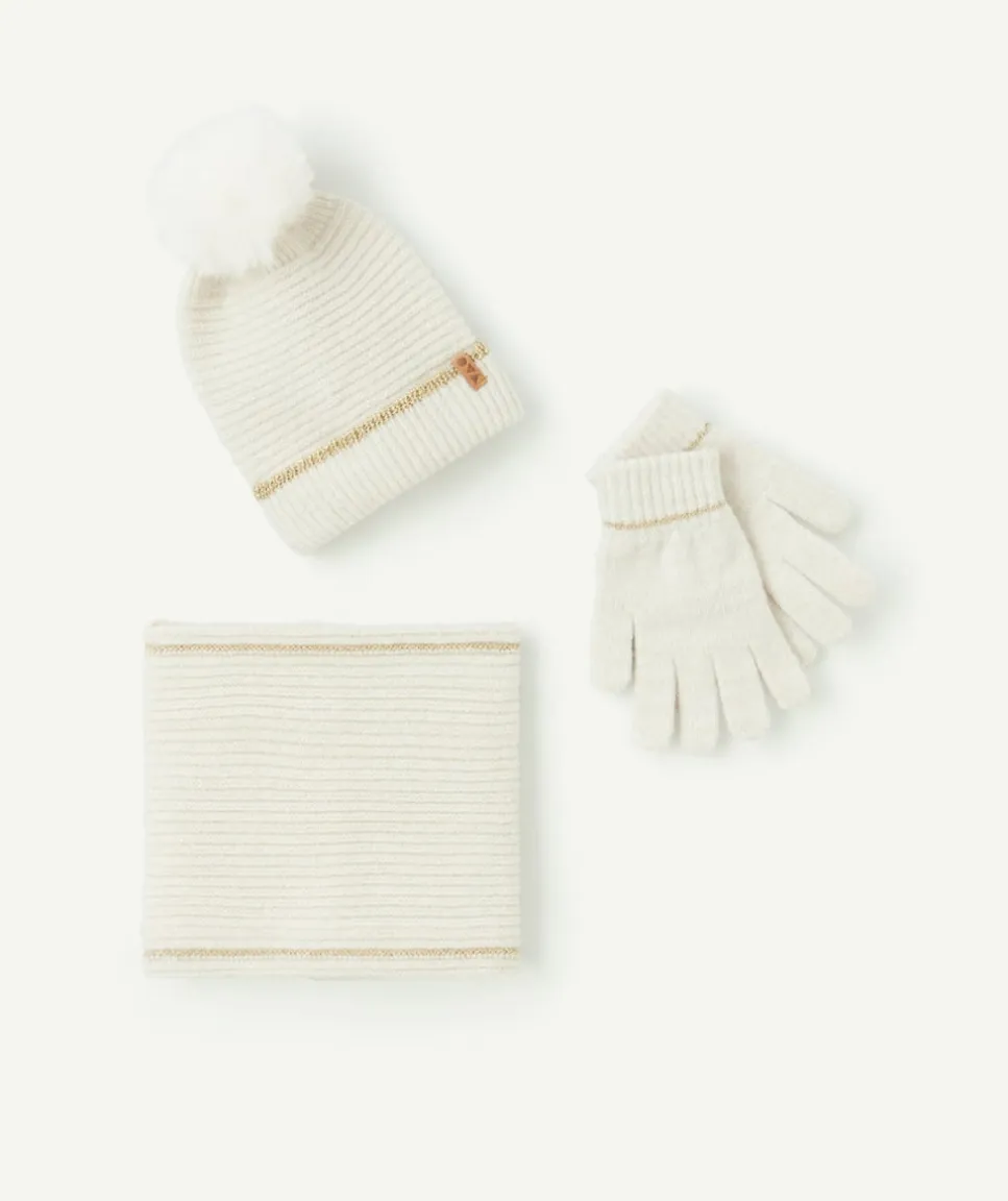 Set bonnet, snood, gants écrus fille