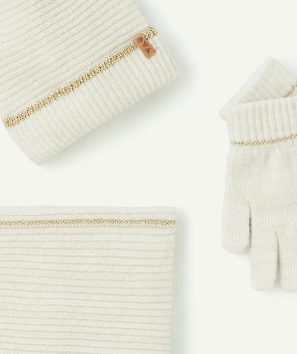 Set bonnet, snood, gants écrus fille