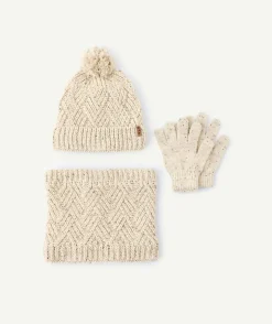 Set tricot garçon bonnet tour de cou gants écru