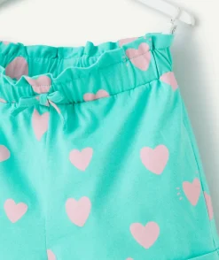 Short bébé fille en coton biologique vert et imprimé avec coeurs roses