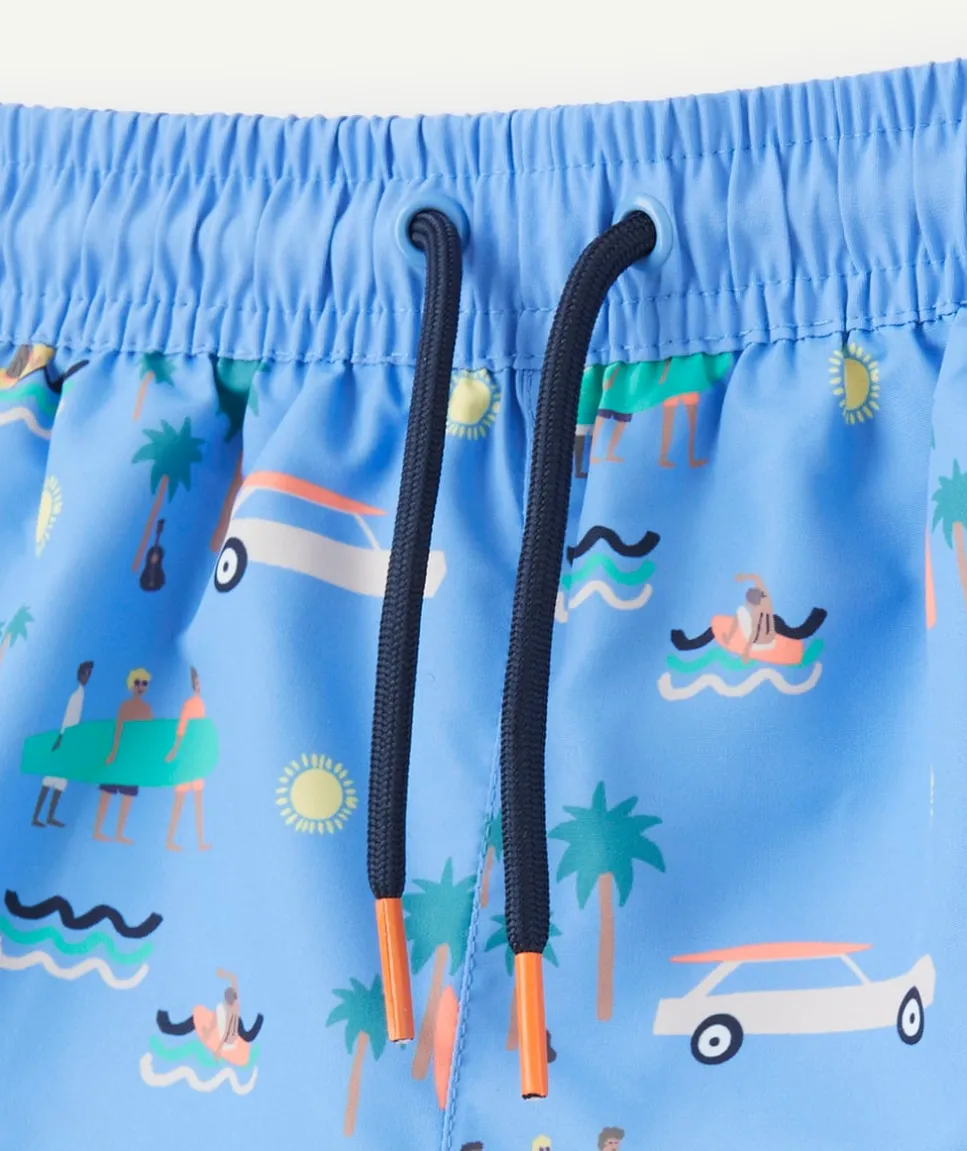 Short de bain bébé garçon en fibres recyclées bleu imprimé été