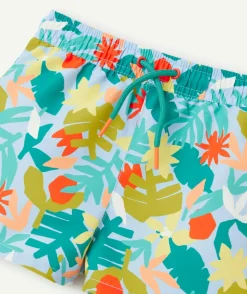 Short de bain bébé garçon en fibres recyclées bleu imprimé feuille