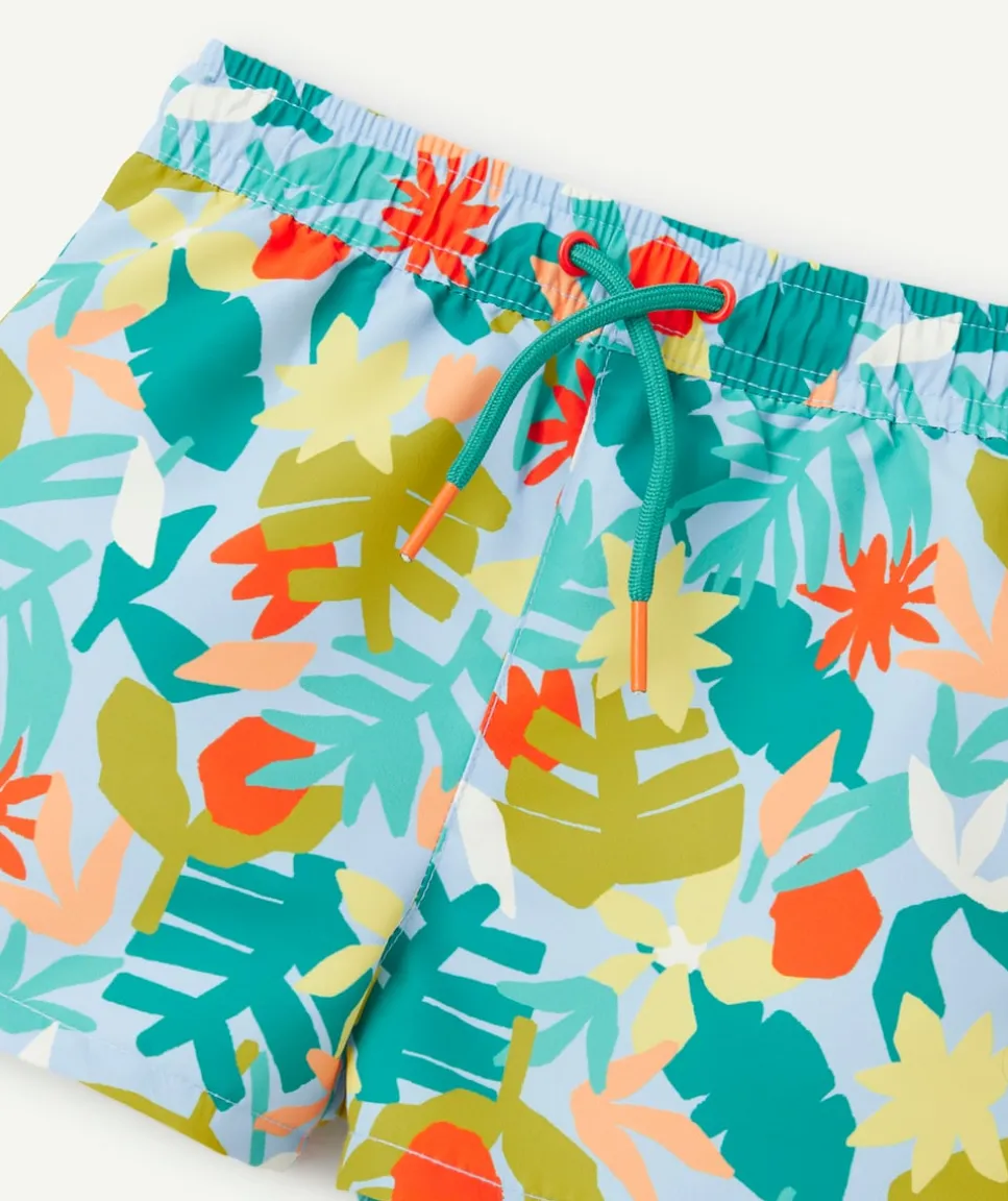 Short de bain bébé garçon en fibres recyclées bleu imprimé feuille