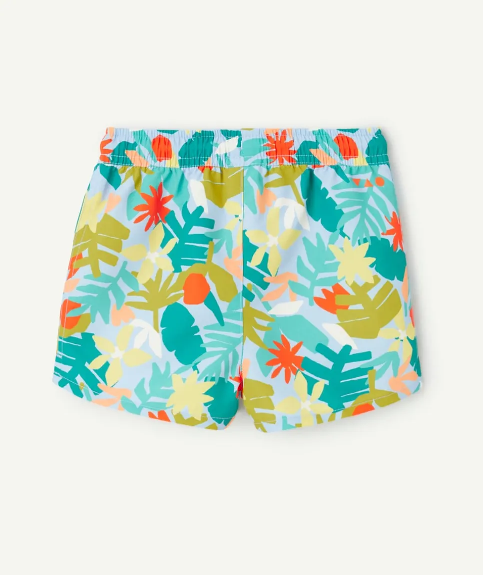 Short de bain bébé garçon en fibres recyclées bleu imprimé feuille