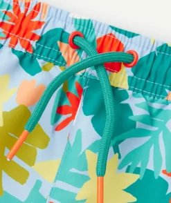 Short de bain bébé garçon en fibres recyclées bleu imprimé feuille