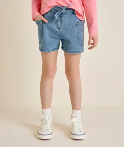Short en jean fille droit avec ceinture nouée