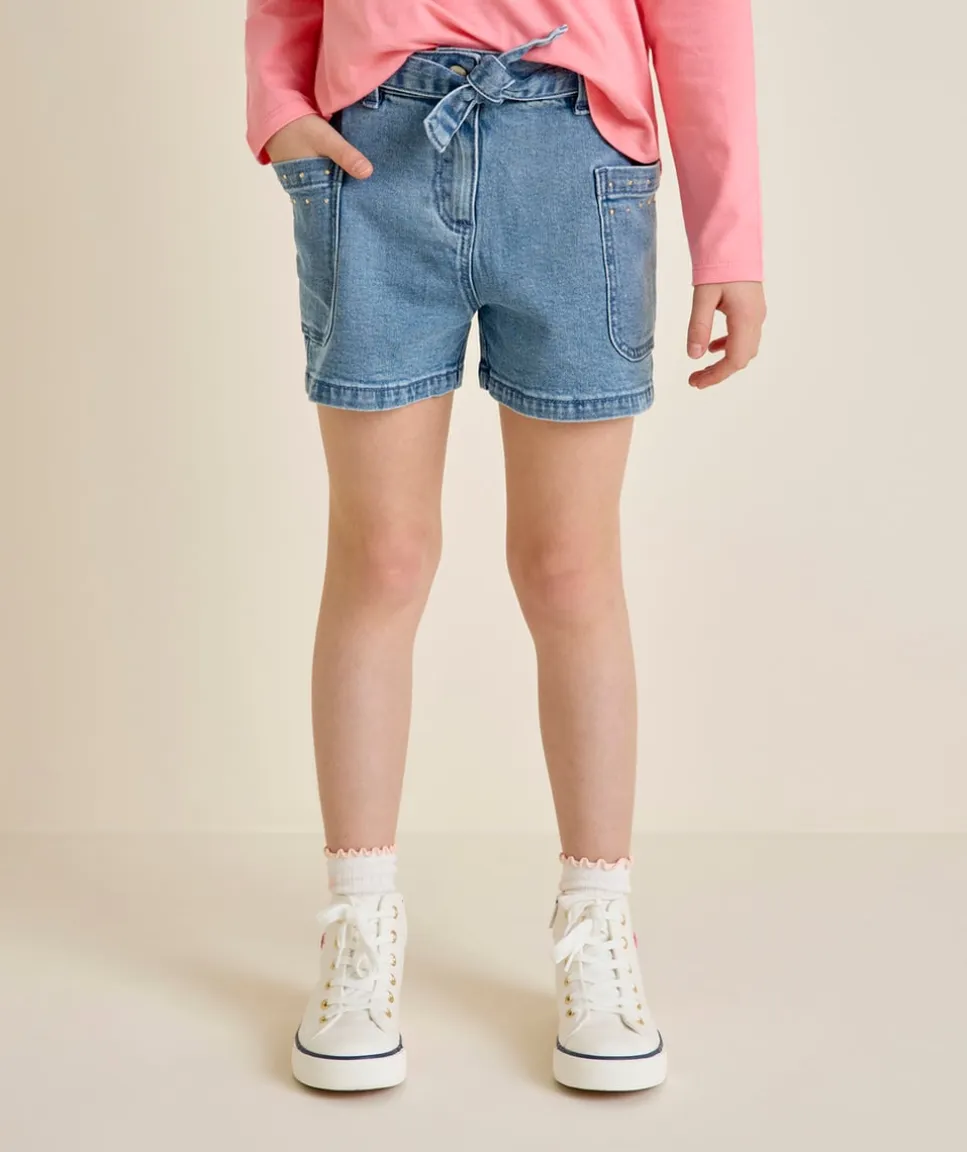 Short en jean fille droit avec ceinture nouée