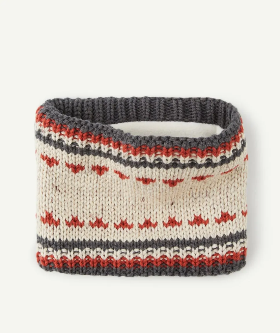 Snood tricot bébé garçon en fibres recyclées beige et gris avec motifs
