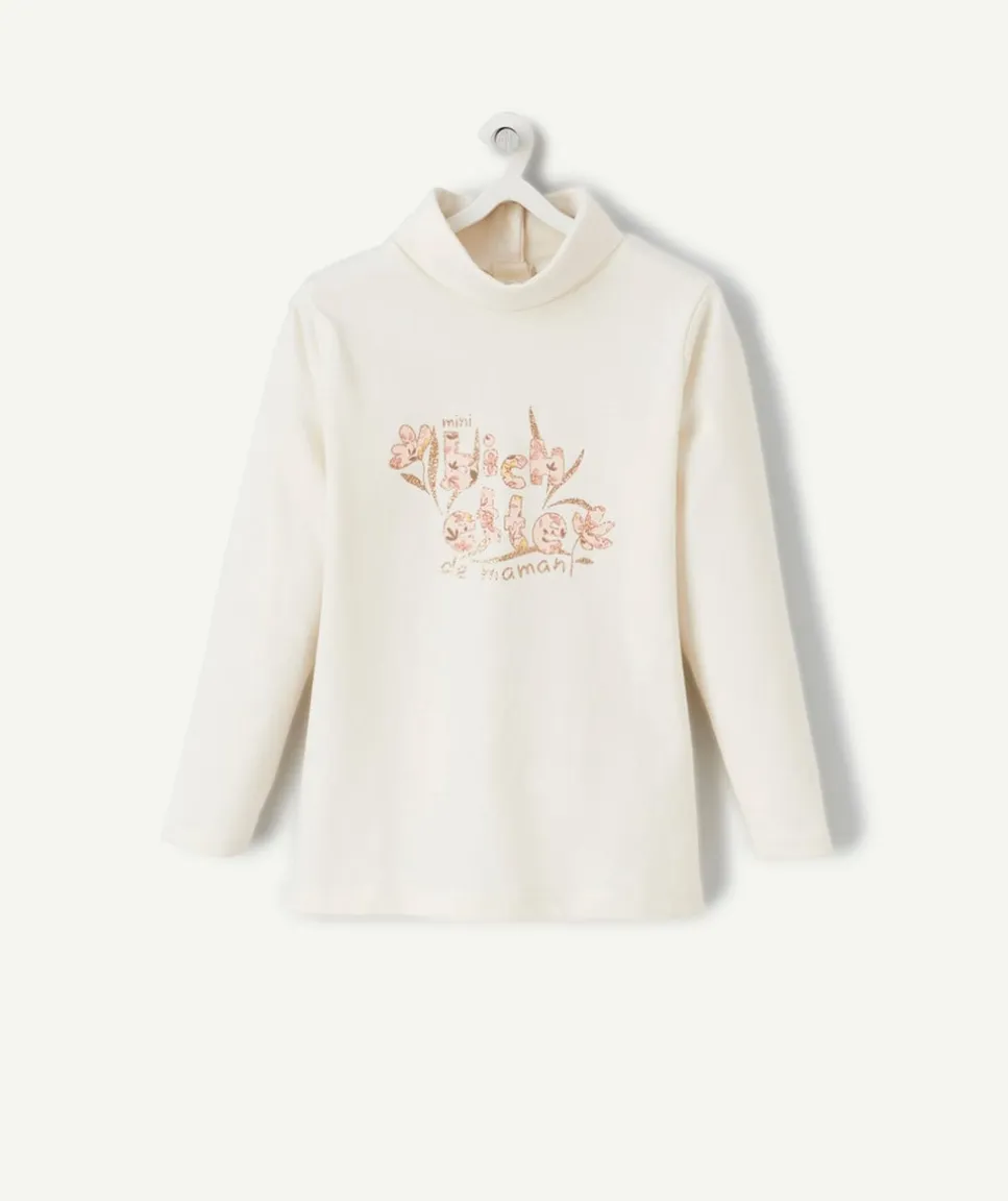 Sous-pull bébé fille col roulé en coton bio écru et message pailleté