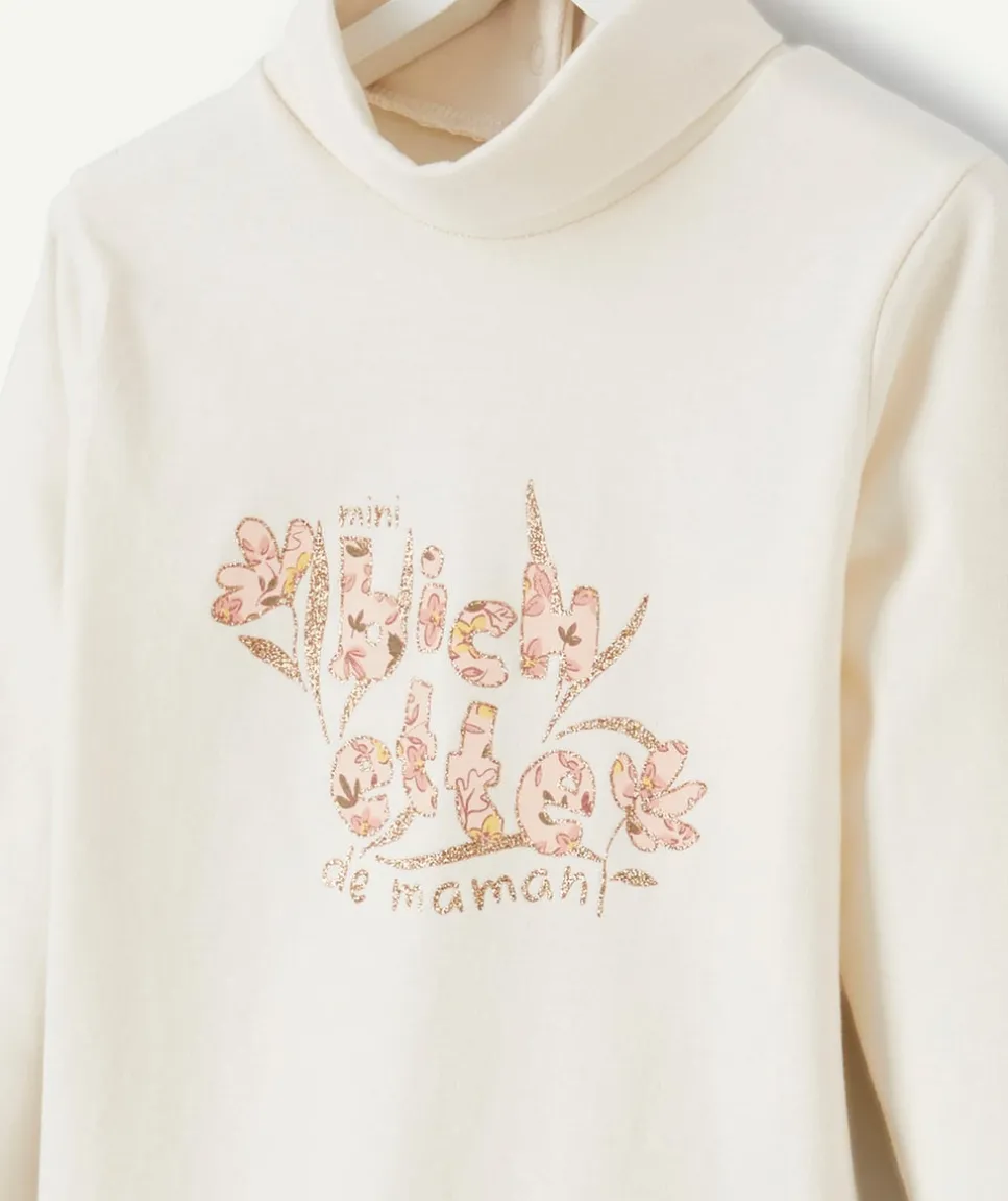 Sous-pull bébé fille col roulé en coton bio écru et message pailleté