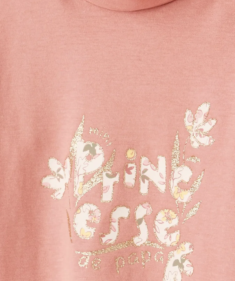 Sous-pull bébé fille col roulé en coton bio rose et message pailleté