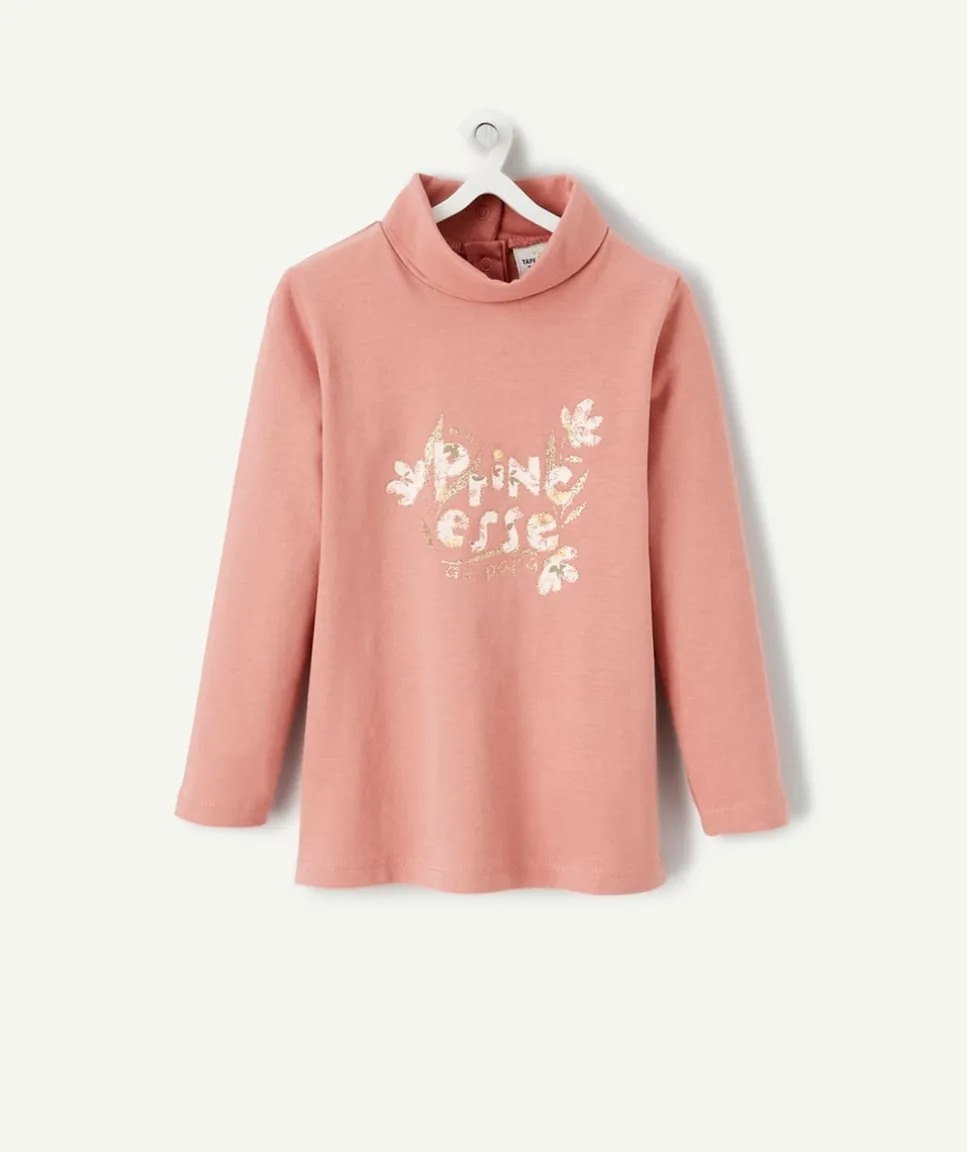 Sous-pull bébé fille col roulé en coton bio rose et message pailleté