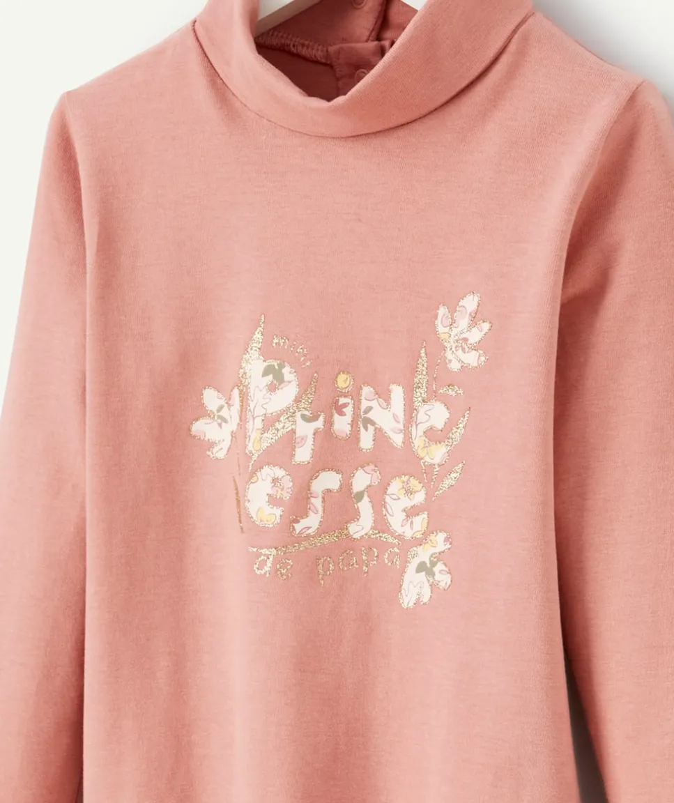 Sous-pull bébé fille col roulé en coton bio rose et message pailleté