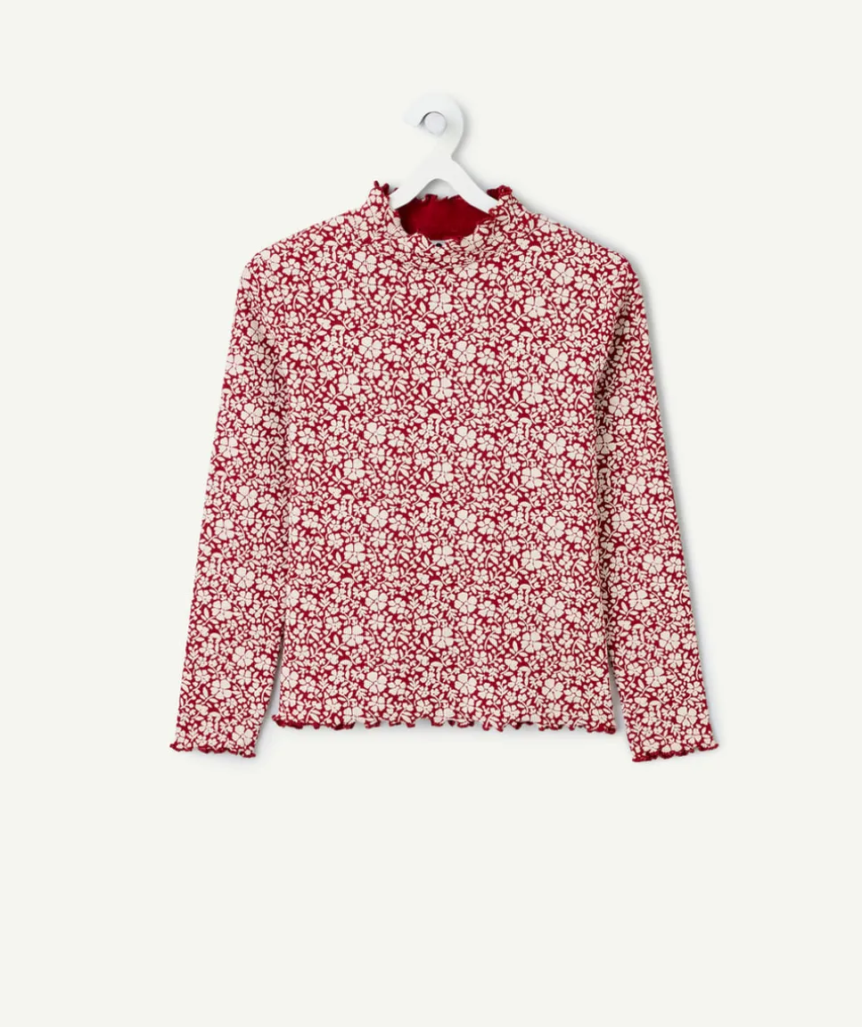 Sous-pull fille imprimé floral rouge