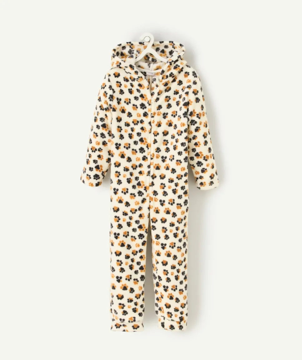 Suprpyjama polaire fille écru avec son imprimé pattes de léopard