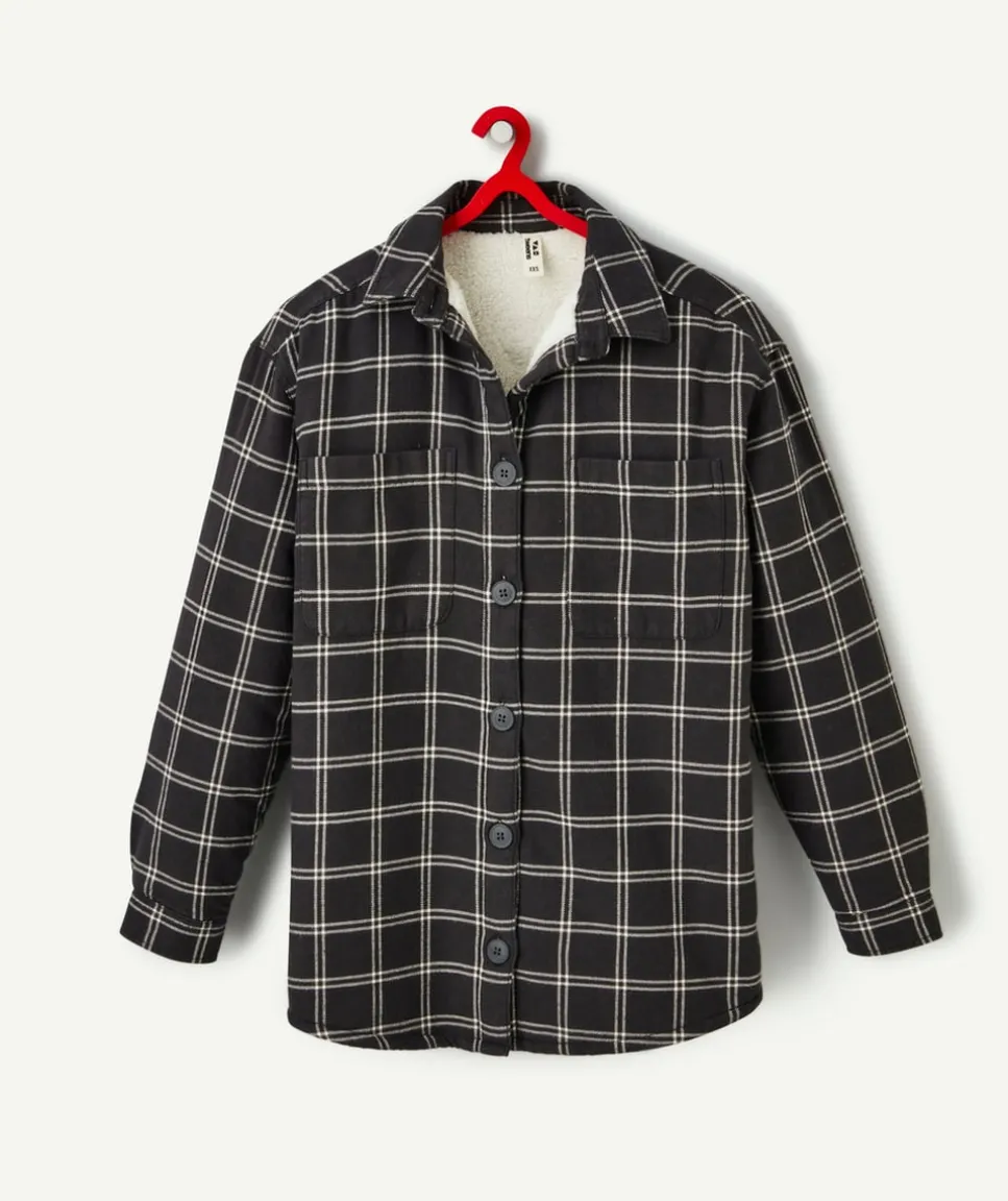 Surchemise à carreaux fille doublée sherpa gris foncé