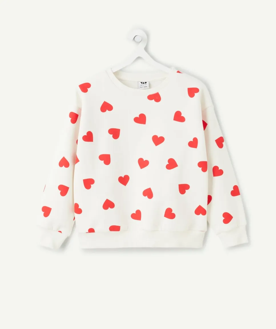 Sweat fille coton imprimé cœur blanc