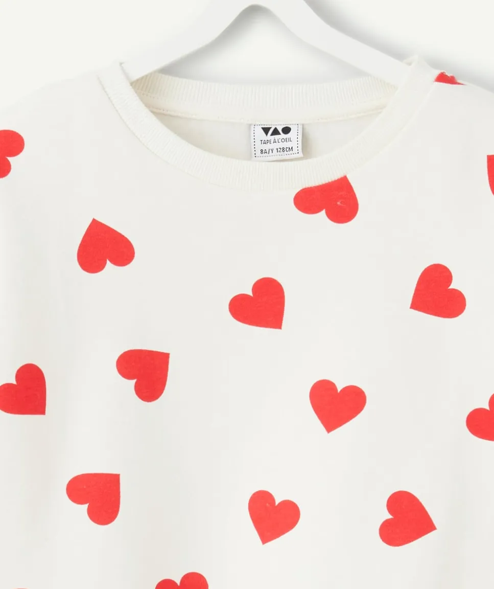 Sweat fille coton imprimé cœur blanc