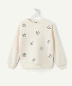 Sweat fille droit écru sequins