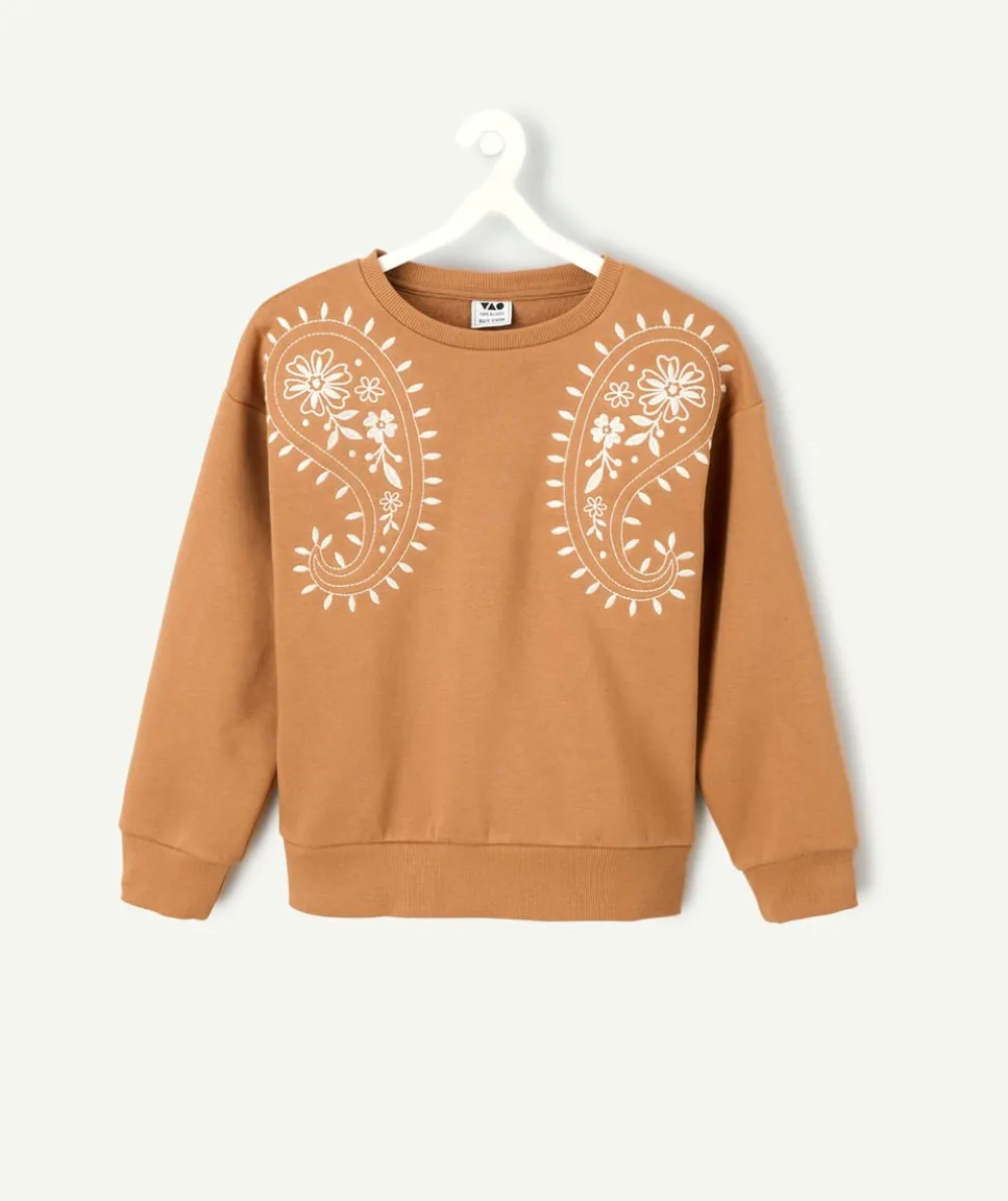 Sweat fille marron avec broderies blanches