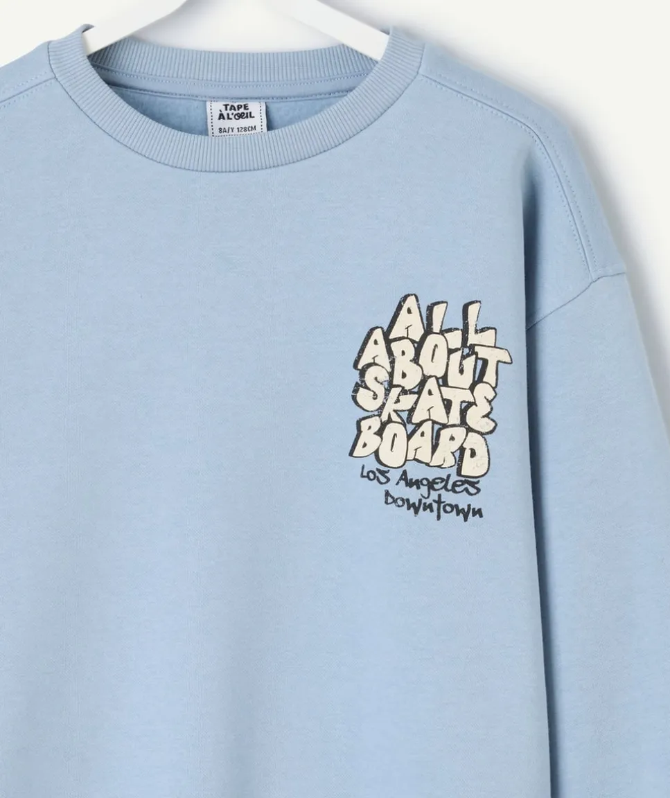 Sweat garçon bleu imprimé skateur