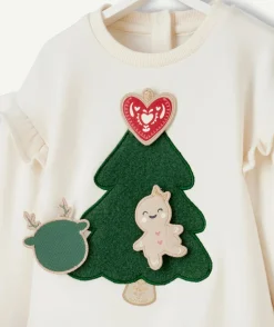 Sweat manches longues bébé fille en fibres recyclées écru avec animation sapin