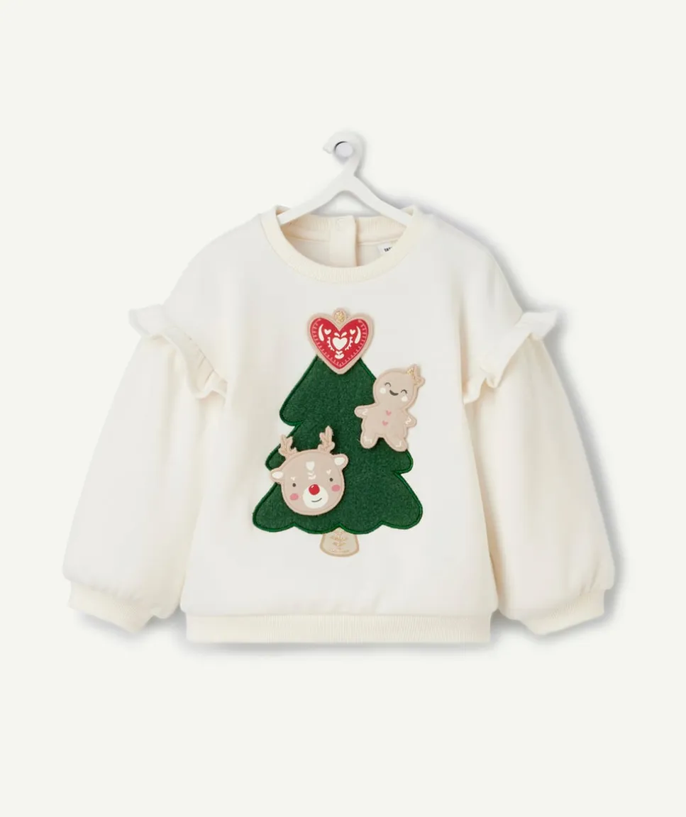 Sweat manches longues bébé fille en fibres recyclées écru avec animation sapin