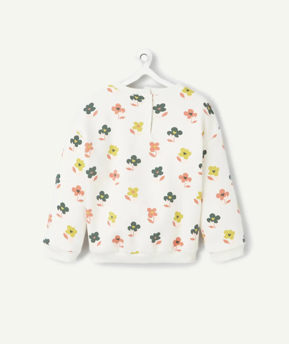 Sweat manches longues bébé fille en fibres recyclées écru imprimé fleurs