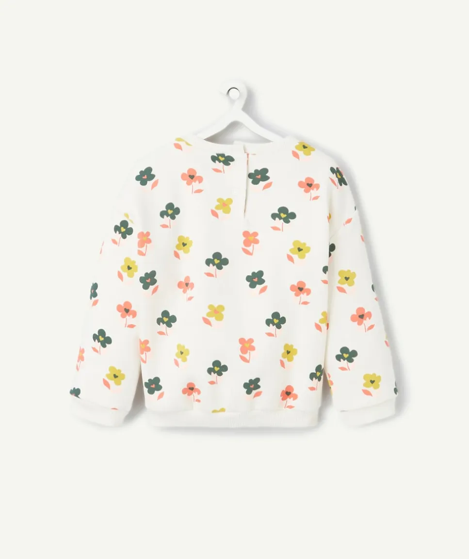Sweat manches longues bébé fille en fibres recyclées écru imprimé fleurs
